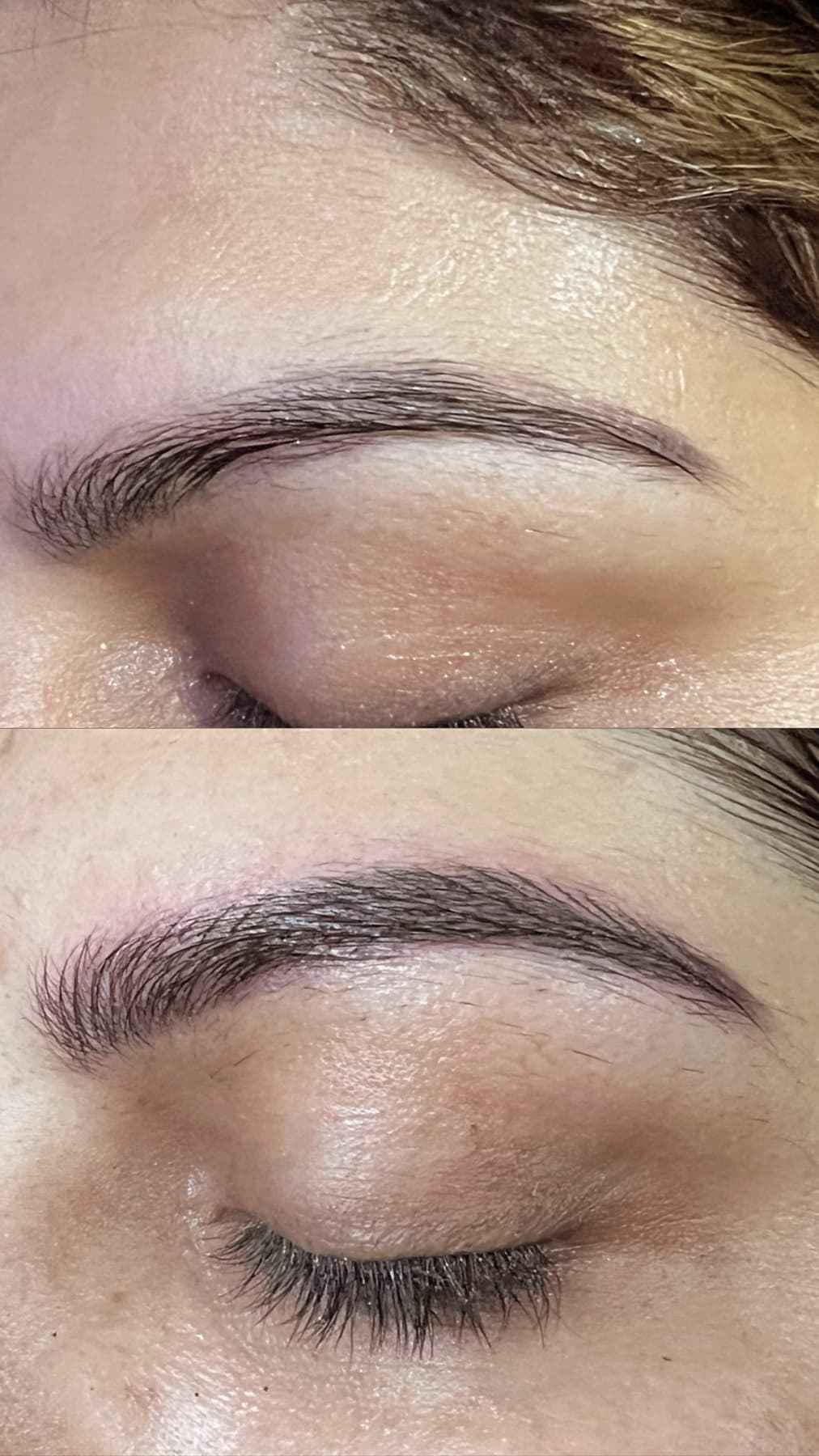 Before and after brow work by Hunny, showing a softly defined natural brow shape